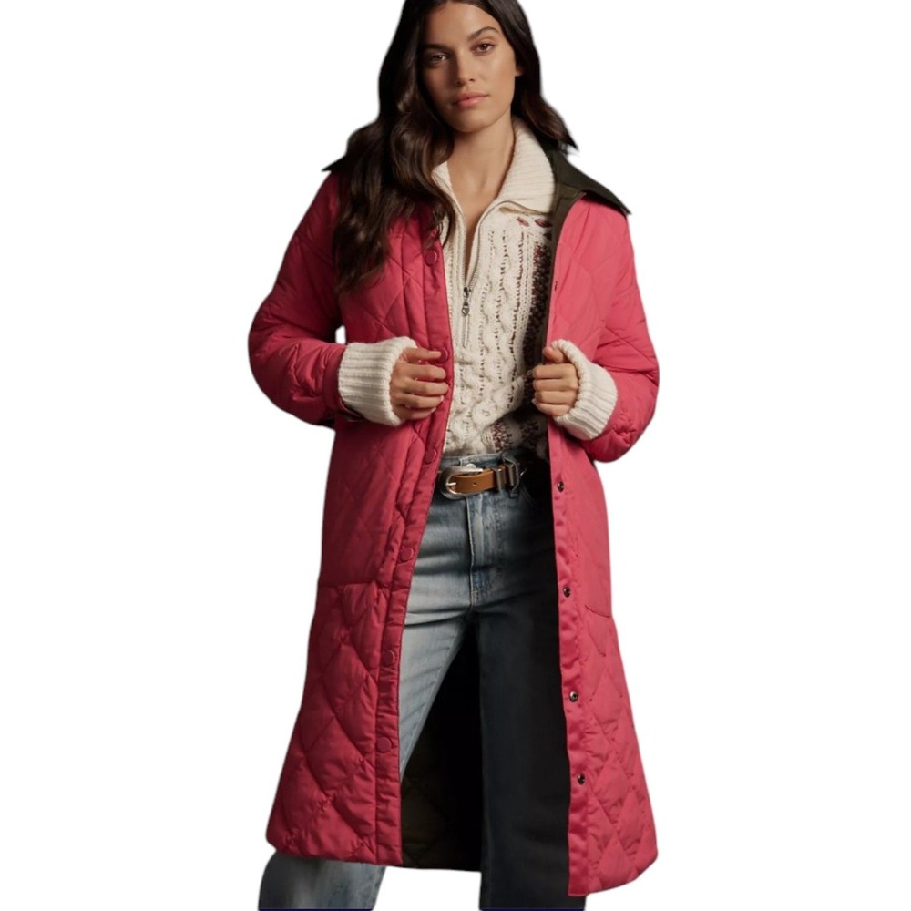 NVLT Reversible Quilted Coat Womens M Pink Green Long Barn Jacket